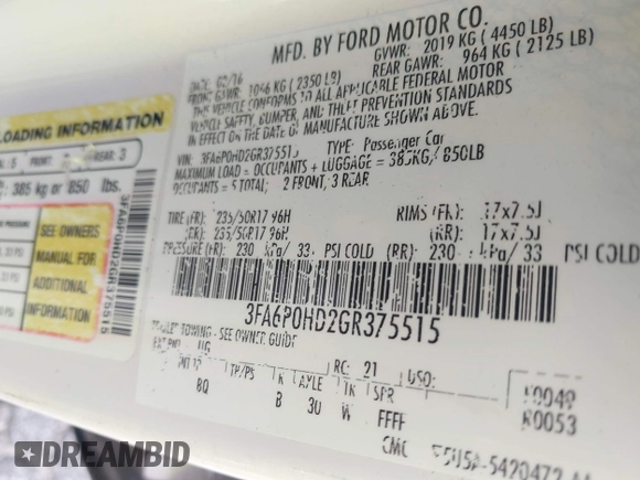 2016 Ford Fusion SE with VIN 3FA6P0HD2GR375515, listed as a IAAI auction lot 42156486 with 79,920 mi miles and . Bid and sale history available at DreamBid. Image 9.