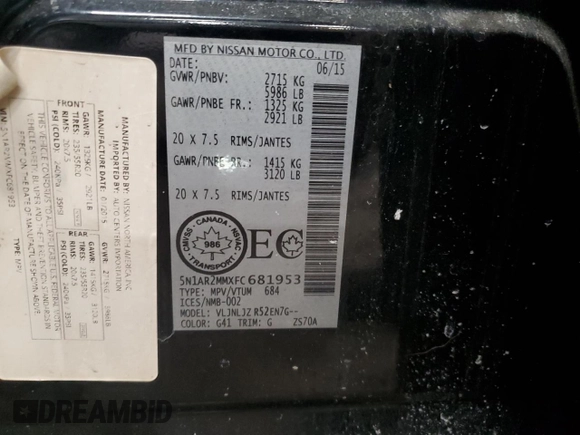 2015 Nissan Pathfinder SV with VIN 5N1AR2MMXFC681953, listed as a Copart auction lot 45596125 with 107,685 mi miles and Salvage title. Bid and sale history available at DreamBid. Image 13.