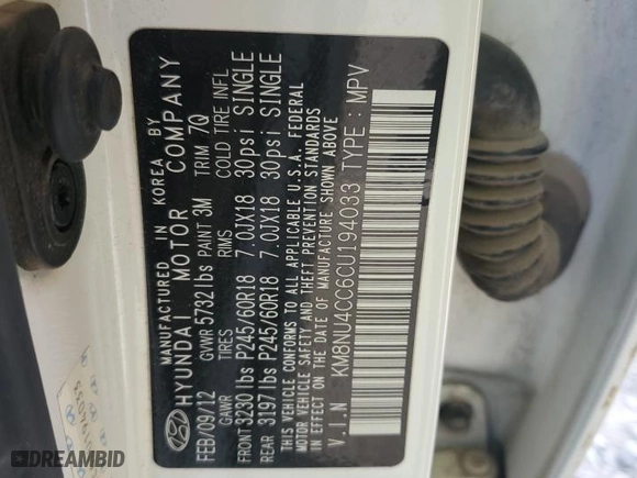 2012 Hyundai Veracruz Limited with VIN KM8NU4CC6CU194033, listed as a Copart auction lot 49903075 with 0 mi miles and Salvage Title. Bid and sale history available at carsss.com. Image 14.