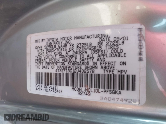 2002 Toyota Sienna LE с VIN 4T3ZF13C12U432578, выставлен на аукционе IAAI как лот 42300813 с пробегом 213 088 миль миль и . История ставок и продаж доступна на DreamBid. Изображение 9.