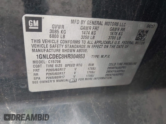 2017 Chevrolet Tahoe Commercial with VIN 1GNLCDEC8HR304853, listed as a IAAI auction lot 41924731 with 175,577 mi miles and . Bid and sale history available at DreamBid. Image 9.