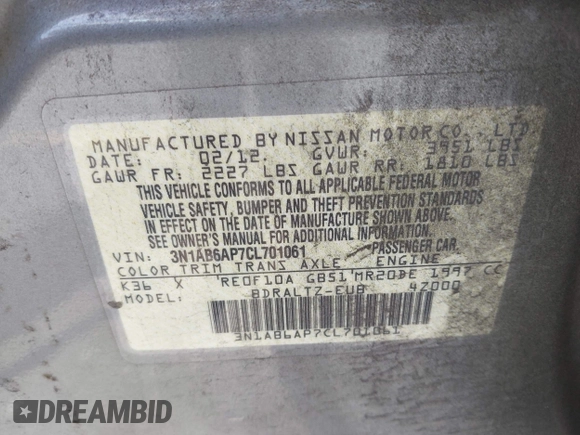 2012 Nissan Sentra 2.0 with VIN 3N1AB6AP7CL701061, listed as a IAAI auction lot 42473539 with 142,495 mi miles and . Bid and sale history available at DreamBid. Image 9.