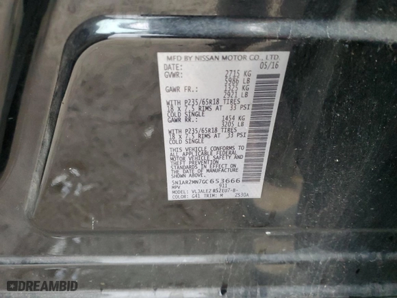 2016 Nissan Pathfinder S with VIN 5N1AR2MN7GC653666, listed as a Copart auction lot 41698755 with 123950 miles and Salvage Title. Bid and sale history available at carsss.com. Image 13.