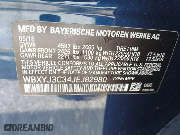 2018 BMW X2 sDrive28i with VIN WBXYJ3C34JEJ82980, listed as a IAAI auction lot 42473599 with 58,109 mi miles and . Bid and sale history available at DreamBid. Image 9.