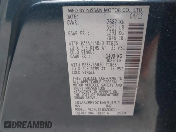 2013 Nissan Pathfinder SL с VIN 5N1AR2MM9DC665451, выставлен на аукционе IAAI как лот 42162875 с пробегом Не указан миль и . История ставок и продаж доступна на DreamBid. Изображение 9.