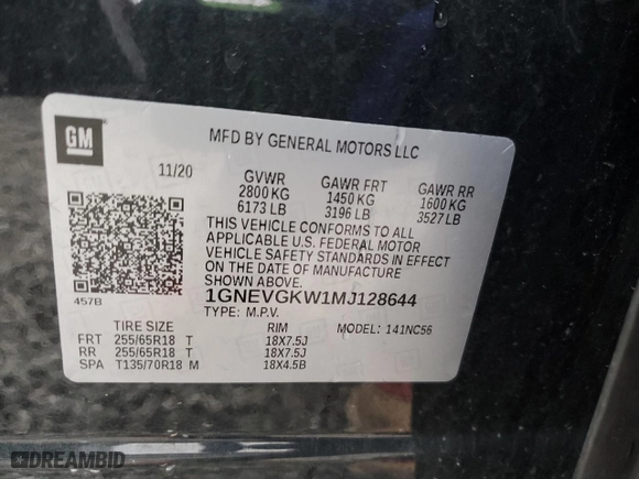 2021 Chevrolet Traverse LT Cloth with VIN 1GNEVGKW1MJ128644, listed as a Copart auction lot 50054265 with 104,024 mi miles and Salvage Title. Bid and sale history available at carsss.com. Image 13.