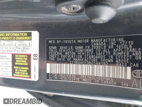 2011 Toyota Corolla L with VIN 2T1BU4EE9BC548192, listed as a IAAI auction lot 42036004 with 111,131 mi miles. Bid and sale history available at carsss.com. Image 9.