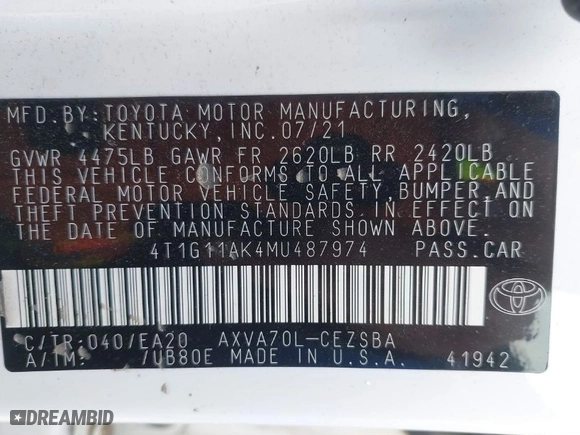 2021 Toyota Camry SE Nightshade with VIN 4T1G11AK4MU487974, listed as a IAAI auction lot 41490576 with 79,010 mi miles. Bid and sale history available at carsss.com. Image 9.