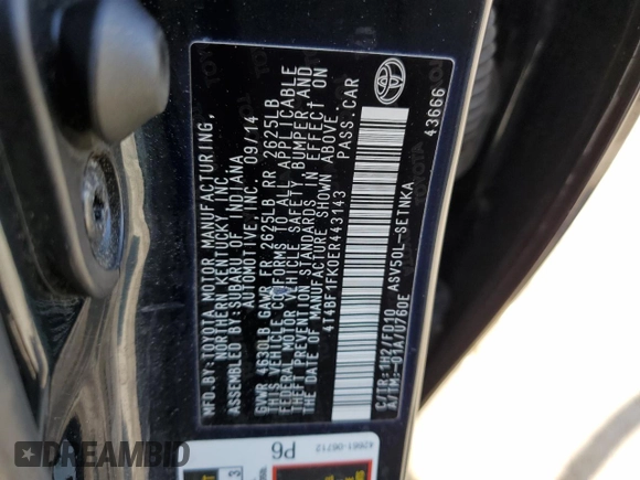 2014 Toyota Camry L with VIN 4T4BF1FK0ER443143, listed as a Copart auction lot 55816175 with 152,813 mi miles and Clean Title. Bid and sale history available at DreamBid. Image 12.