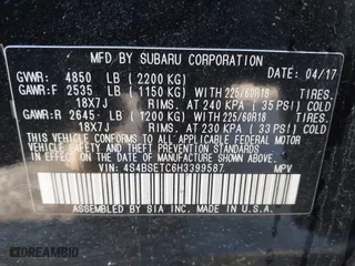 2017 Subaru Outback Touring with VIN 4S4BSETC6H3399587, listed as a IAAI auction lot 41225790 with 89,228 mi miles. Bid and sale history available at carsss.com. Image 9.