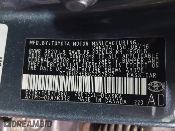 2016 Toyota Corolla L with VIN 2T1BURHE6GC732957, listed as a IAAI auction lot 42365113 with 123,738 mi miles and . Bid and sale history available at DreamBid. Image 9.