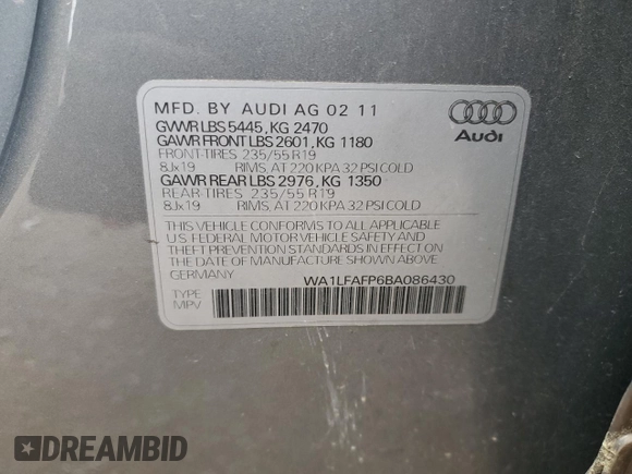 2011 Audi Q5 Premium Plus with VIN WA1LFAFP6BA086430, listed as a Copart auction lot 49996745 with Not Provided miles and Salvage Title. Bid and sale history available at DreamBid. Image 13.