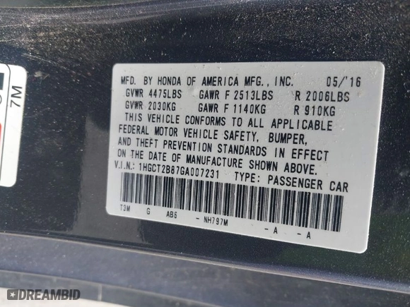 2016 Honda Accord Coupe EX-L with VIN 1HGCT2B87GA007231, listed as a IAAI auction lot 41925384 with 1 mi miles. Bid and sale history available at carsss.com. Image 9.