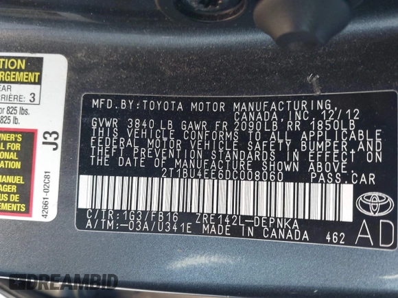 2013 Toyota Corolla L with VIN 2T1BU4EE6DC008060, listed as a IAAI auction lot 41988015 with 70,492 mi miles. Bid and sale history available at carsss.com. Image 9.