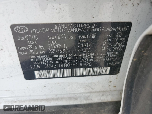 2017 Hyundai Santa Fe 2.4L with VIN 5NMZTDLB0HH000420, listed as a Copart auction lot 65213825 with 121,576 mi miles and Clean title. Bid and sale history available at DreamBid. Image 12.