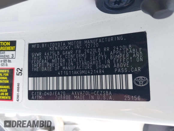 2021 Toyota Camry SE Nightshade with VIN 4T1G11AK9MU421484, listed as a IAAI auction lot 42116813 with 13,696 mi miles and . Bid and sale history available at carsss.com. Image 9.
