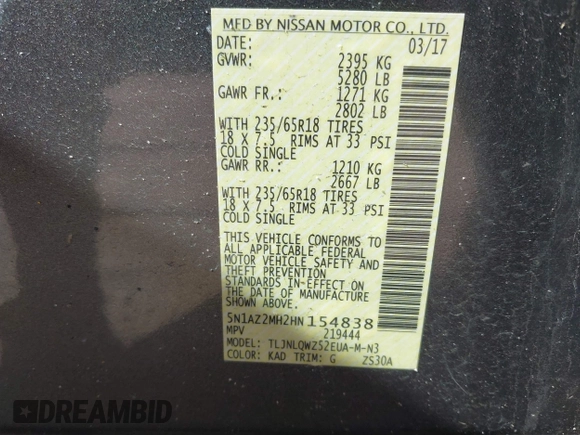 2017 Nissan Murano SL with VIN 5N1AZ2MH2HN154838, listed as a IAAI auction lot 41597159 with 113,869 mi miles and . Bid and sale history available at DreamBid. Image 9.