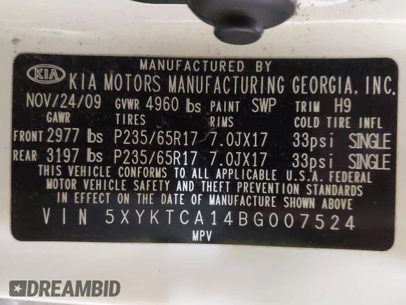 2011 Kia Sorento LX with VIN 5XYKTCA14BG007524, listed as a IAAI auction lot 41251094 with 150,053 mi miles. Bid and sale history available at carsss.com. Image 9.