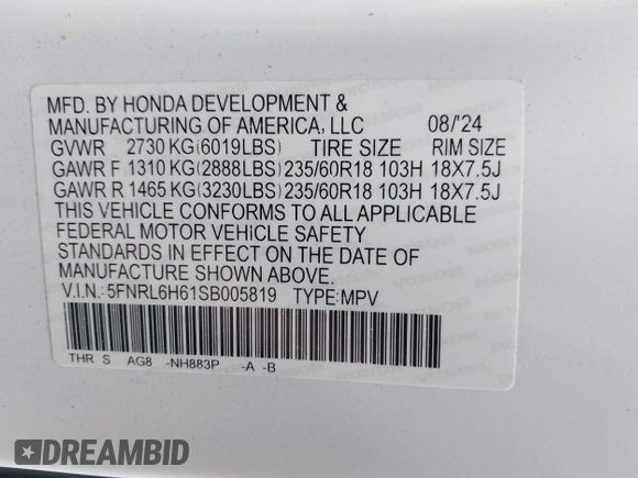 2025 Honda Odyssey EX-L with VIN 5FNRL6H61SB005819, listed as a IAAI auction lot 41731323 with Not Provided miles and . Bid and sale history available at DreamBid. Image 9.