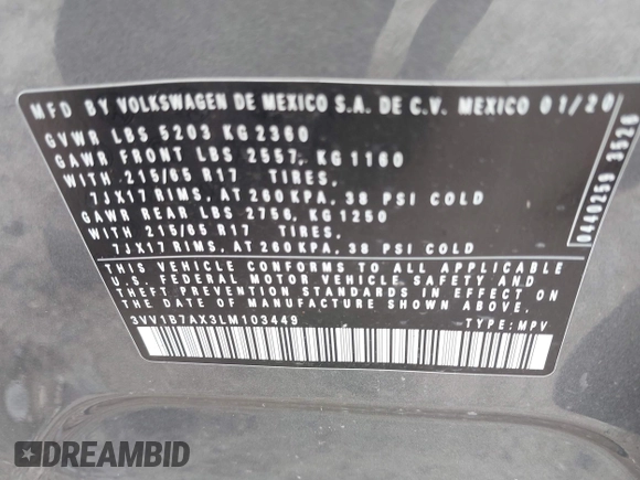 2020 Volkswagen Tiguan S с VIN 3VV1B7AX3LM103449, выставлен на аукционе IAAI как лот 42044171 с пробегом 45 195 миль миль и . История ставок и продаж доступна на DreamBid. Изображение 9.