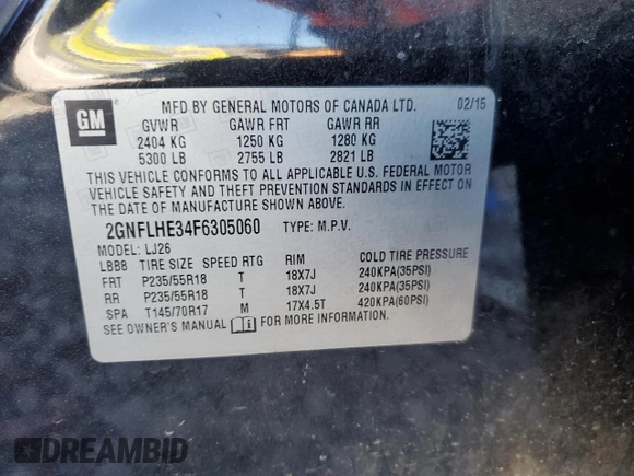 2015 Chevrolet Equinox LTZ with VIN 2GNFLHE34F6305060, listed as a Copart auction lot 48189705 with Not Provided miles and Salvage Title. Bid and sale history available at DreamBid. Image 15.