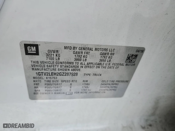 2016 GMC Sierra 1500 with VIN 1GTV2LEH2GZ287928, listed as a Copart auction lot 68159454 with 112,007 mi miles and Salvage Title. Bid and sale history available at carsss.com. Image 13.