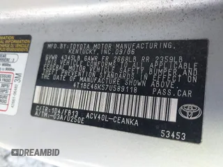 2007 Toyota Camry CE with VIN 4T1BE46K57U589118, listed as a IAAI auction lot 41693366 with 136,385 mi miles and . Bid and sale history available at DreamBid. Image 9.