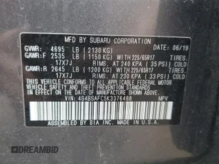 2019 Subaru Outback Premium with VIN 4S4BSAFC5K3376488, listed as a Copart auction lot 60684205 with 56,831 mi miles and Salvage title. Bid and sale history available at DreamBid. Image 13.