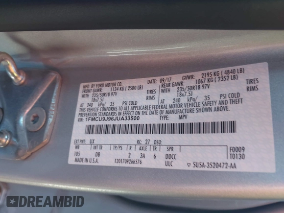 2018 Ford Escape Titanium with VIN 1FMCU9J96JUA33500, listed as a IAAI auction lot 42121736 with 105,430 mi miles and . Bid and sale history available at DreamBid. Image 9.