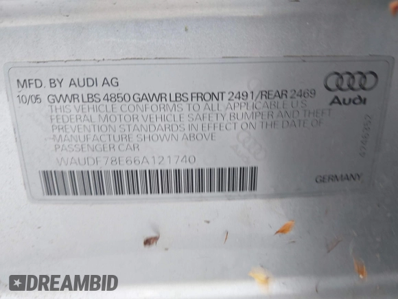 2006 Audi A4 2.0T z VIN WAUDF78E66A121740, wystawiony jako IAAI lot #41692809 z przebiegiem 179 142 mil mil oraz . Historia ofert i sprzedaży dostępna na DreamBid. Obrazek 9.