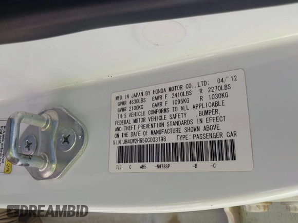 2012 Acura TSX Technology with VIN JH4CW2H65CC003798, listed as a IAAI auction lot 41406024 with 161,052 mi miles and . Bid and sale history available at DreamBid. Image 9.