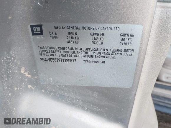 2007 Buick LaCrosse CX with VIN 2G4WC582971189617, listed as a IAAI auction lot 42510949 with Not provided miles and . Bid and sale history available at DreamBid. Image 9.