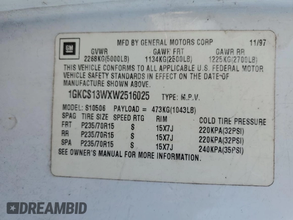 1998 GMC Jimmy SL with VIN 1GKCS13WXW2516025, listed as a Copart auction lot 88762955 with 140,381 mi miles and Salvage Title. Bid and sale history available at carsss.com. Image 15.
