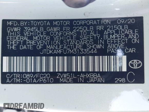 2021 Toyota Prius L Eco with VIN JTDKAMFU7M3133544, listed as a IAAI auction lot 41548653 with 115,214 mi miles and . Bid and sale history available at DreamBid. Image 9.