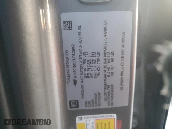 2022 Chevrolet Tahoe LT with VIN 1GNSCNKD5NR108962, listed as a Copart auction lot 89352175 with 94,106 mi miles and Salvage title. Bid and sale history available at DreamBid. Image 15.