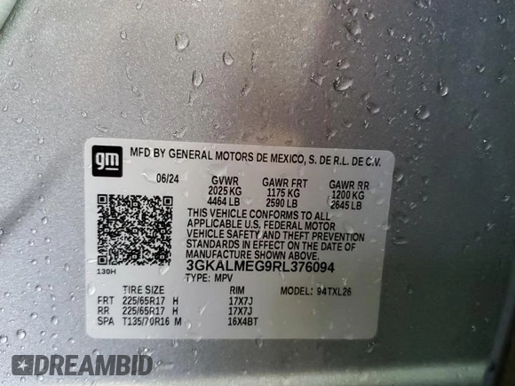 2024 GMC Terrain SLE with VIN 3GKALMEG9RL376094, listed as a Copart auction lot 62786035 with 22,954 mi miles and Clean title. Bid and sale history available at DreamBid. Image 13.