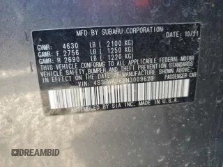 2022 Subaru Legacy with VIN 4S3BWAB68N3009629, listed as a Copart auction lot 68450574 with 22,245 mi miles and Salvage title. Bid and sale history available at DreamBid. Image 14.