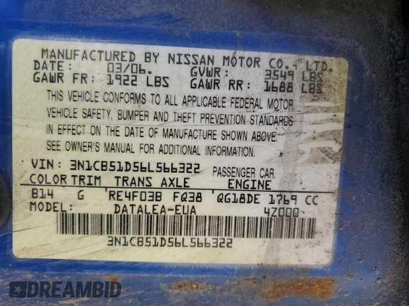 2006 Nissan Sentra S with VIN 3N1CB51D56L566322, listed as a Copart auction lot 49062485 with Not Provided miles and Clean Title. Bid and sale history available at DreamBid. Image 12.