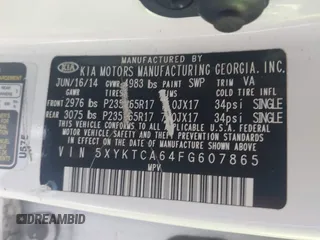 2015 Kia Sorento LX with VIN 5XYKTCA64FG607865, listed as a IAAI auction lot 42599348 with 138,100 mi miles and . Bid and sale history available at DreamBid. Image 9.