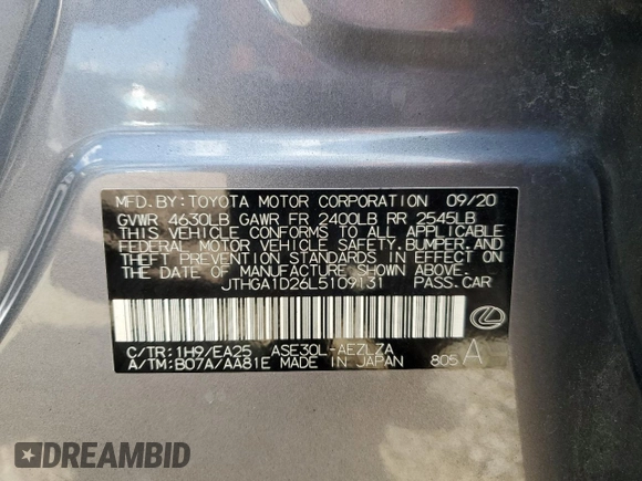 2020 Lexus IS 300 F Sport с VIN JTHGA1D26L5109131, выставлен на аукционе Copart как лот 55892525 с пробегом 77 014 миль миль и Списание • Salvage title. История ставок и продаж доступна на DreamBid. Изображение 12.