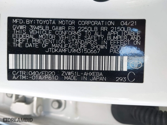 2021 Toyota Prius L Eco with VIN JTDKAMFU9M3150667, listed as a IAAI auction lot 41609328 with 59,177 mi miles. Bid and sale history available at carsss.com. Image 9.