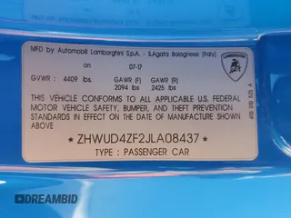 2018 Lamborghini Huracan z VIN ZHWUD4ZF2JLA08437, wystawiony jako Copart lot #50956455 z przebiegiem 7412 mil mil oraz Nie do naprawy. Historia ofert i sprzedaży dostępna na DreamBid. Obrazek 13.