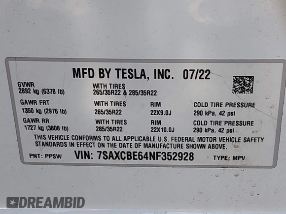 2022 Tesla Model X Plaid z VIN 7SAXCBE64NF352928, wystawiony jako IAAI lot #41406070 z przebiegiem 38 175 mil mil oraz . Historia ofert i sprzedaży dostępna na DreamBid. Obrazek 9.