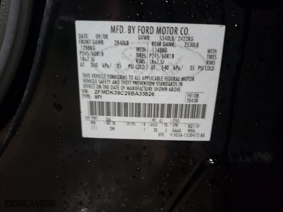 2009 Ford Edge Limited with VIN 2FMDK39C29BA33826, listed as a Copart auction lot 85523274 with 0 mi miles and Salvage Title. Bid and sale history available at carsss.com. Image 13.