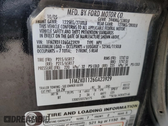 2006 Ford Freestyle SE z VIN 1FMZK01126GA23929, wystawiony jako Copart lot #48056535 z przebiegiem 217 022 mil mil oraz Szkoda całkowita • Salvage title. Historia ofert i sprzedaży dostępna na DreamBid. Obrazek 16.