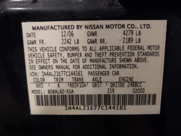 2007 Nissan Altima S with VIN 1N4AL21E77C144161, listed as a IAAI auction lot 42011479 with 175,942 mi miles and . Bid and sale history available at carsss.com. Image 9.
