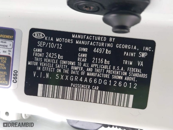 2013 Kia Optima SX with VIN 5XXGR4A66DG126012, listed as a IAAI auction lot 41378810 with 110,956 mi miles. Bid and sale history available at carsss.com. Image 9.