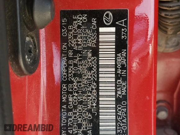 2015 Lexus CT 200h with VIN JTHKD5BH5F2236653, listed as a Copart auction lot 62430355 with 127,865 mi miles and Clean title. Bid and sale history available at DreamBid. Image 12.