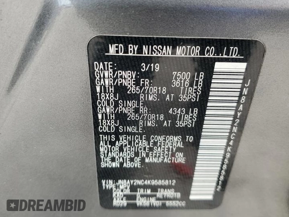 2019 Nissan Armada SV with VIN JN8AY2NC4K9585812, listed as a Copart auction lot 59444084 with 69,782 mi miles and Clean Title. Bid and sale history available at carsss.com. Image 13.