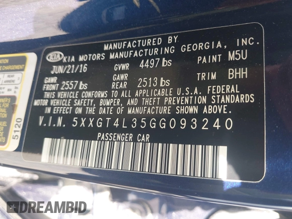 2016 Kia Optima LX with VIN 5XXGT4L35GG093240, listed as a IAAI auction lot 42380407 with 165,891 mi miles and . Bid and sale history available at DreamBid. Image 9.